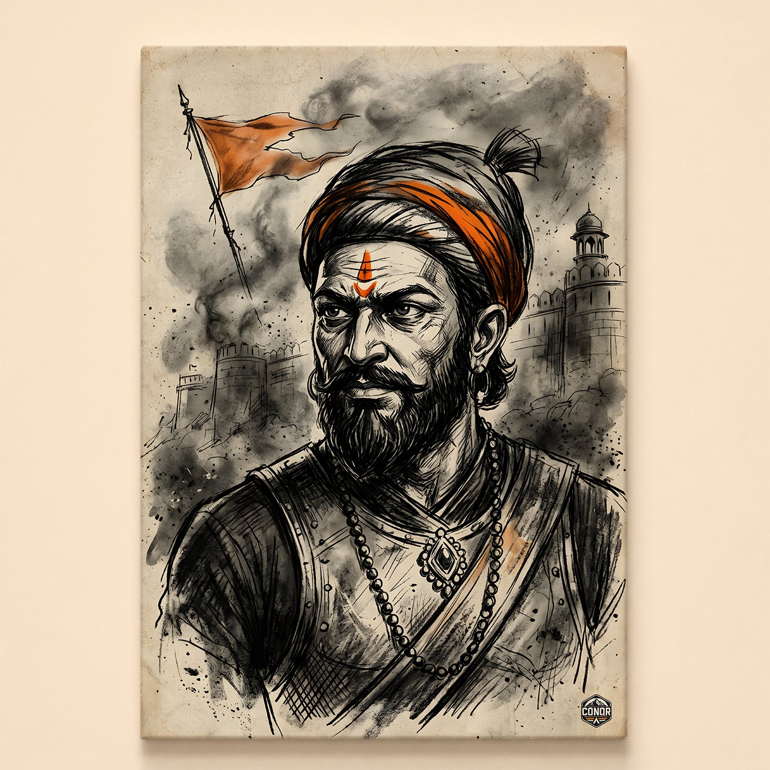 Ink sketch portrait of Shivaji Maharaj with tilak and orange turban, saffron flag and fort in the smoky background