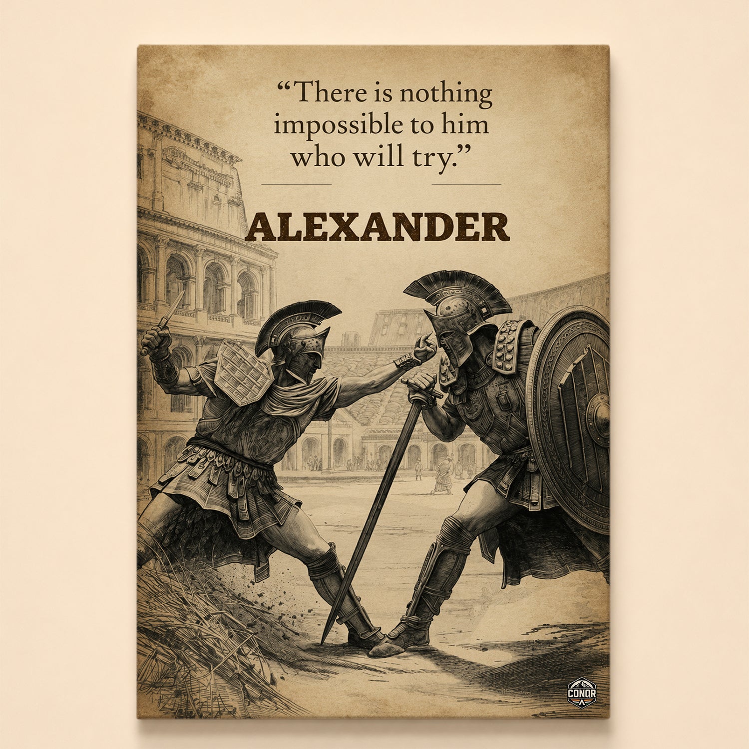 Sepia sketch of two gladiators dueling before the Colosseum – nothing impossible to him who will try