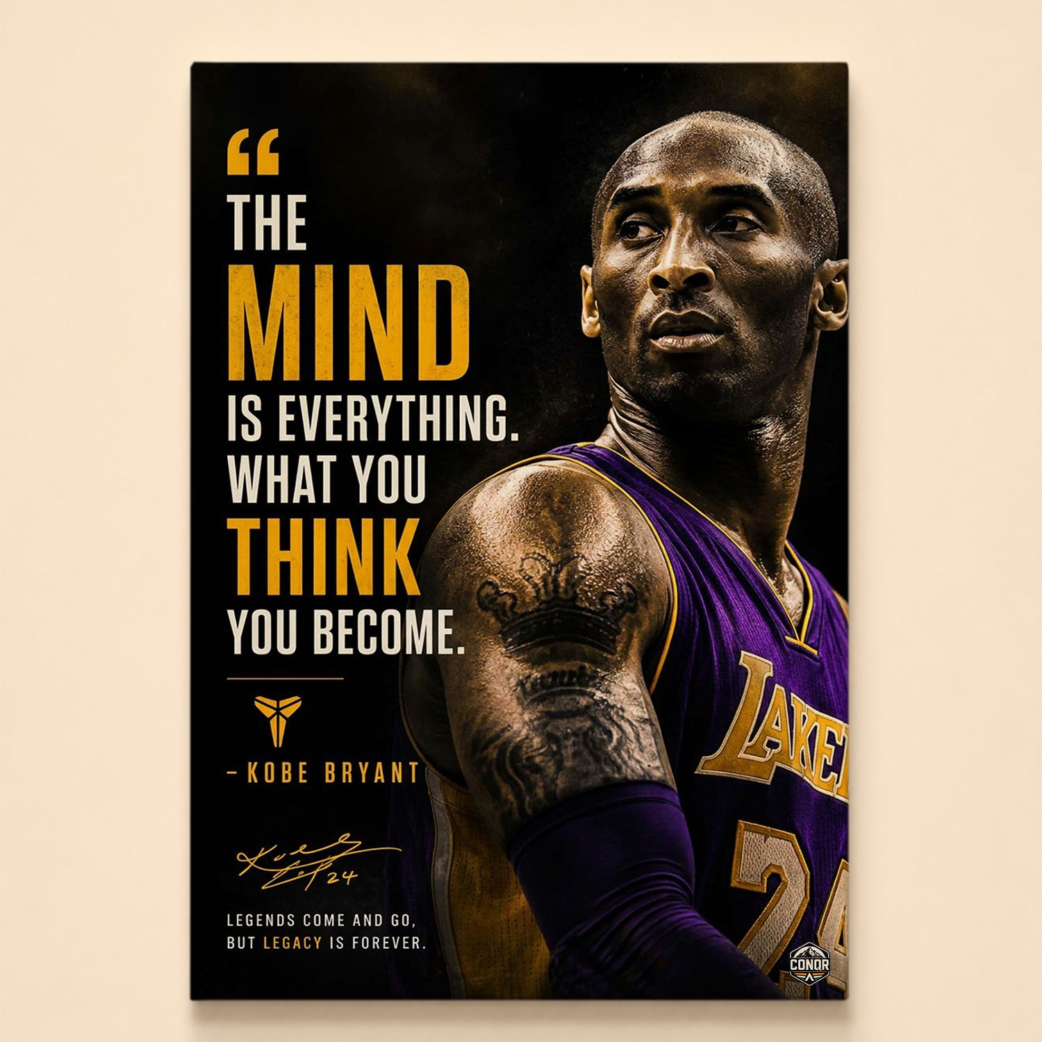 Player in a purple and gold number 24 jersey gazing upward – the mind is everything, Kobe Bryant quote