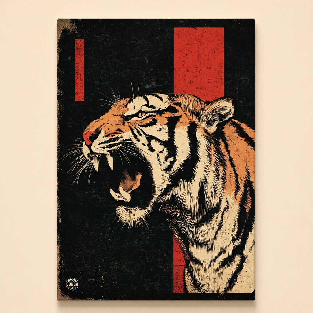 Roaring tiger in profile in orange and black graphic style with red rectangles