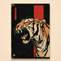 Roaring tiger in profile in orange and black graphic style with red rectangles