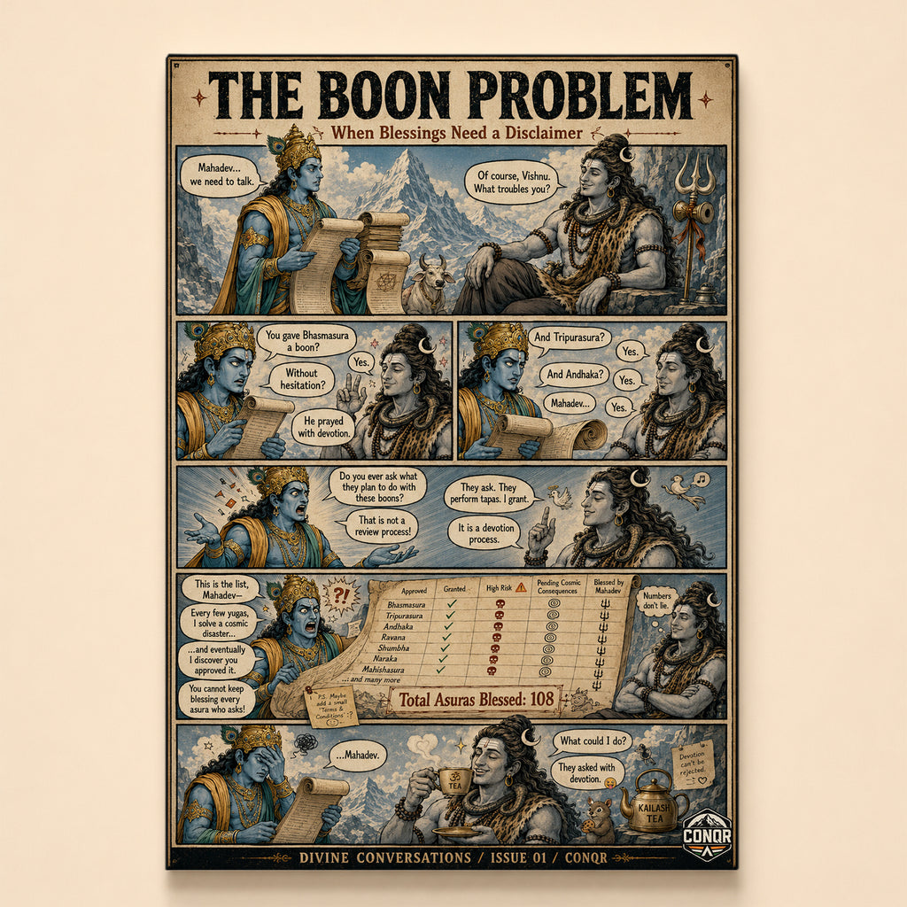 Vintage comic strip of Shiva and Vishnu discussing boons over Kailash tea – The Boon Problem