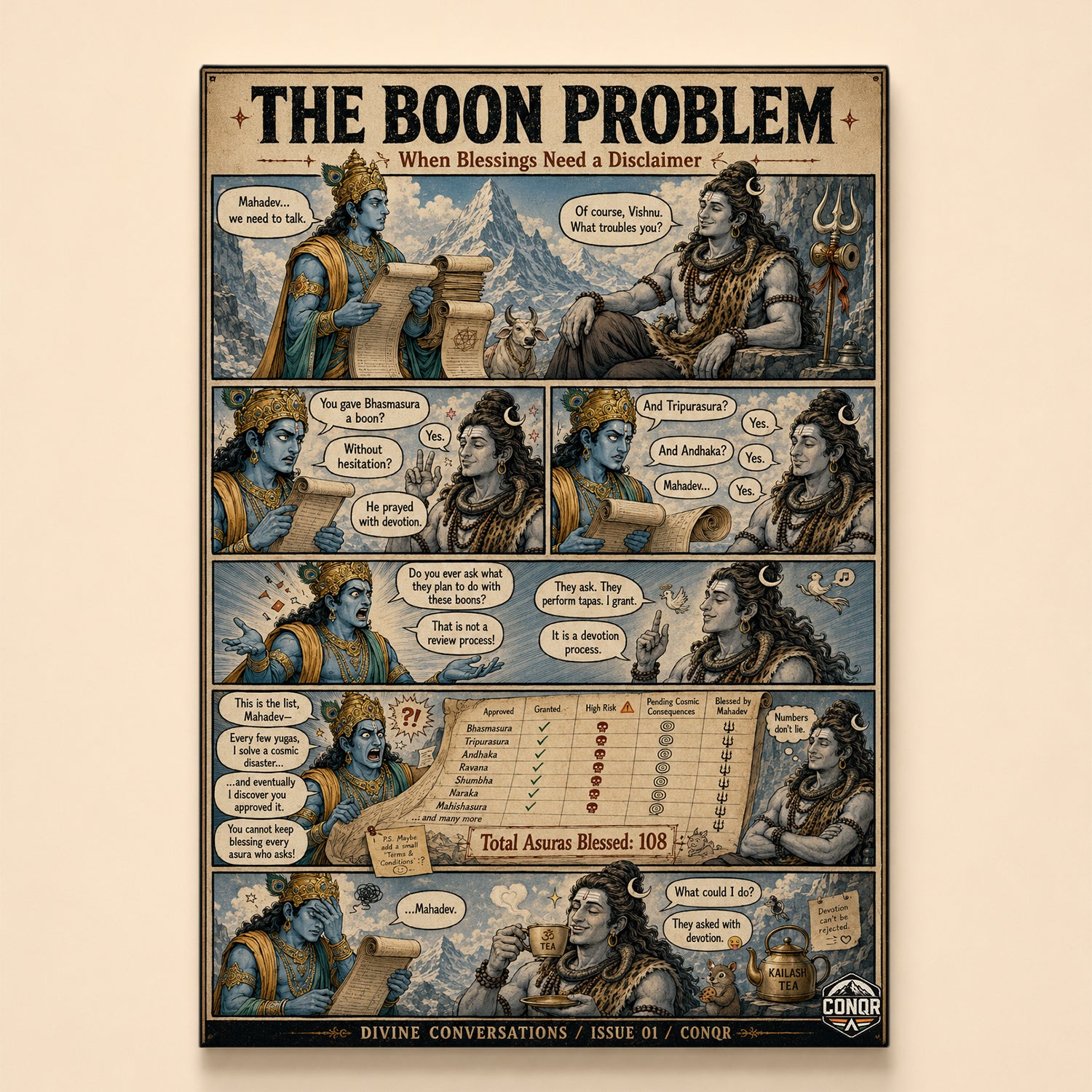 Vintage comic strip of Shiva and Vishnu discussing boons over Kailash tea – The Boon Problem