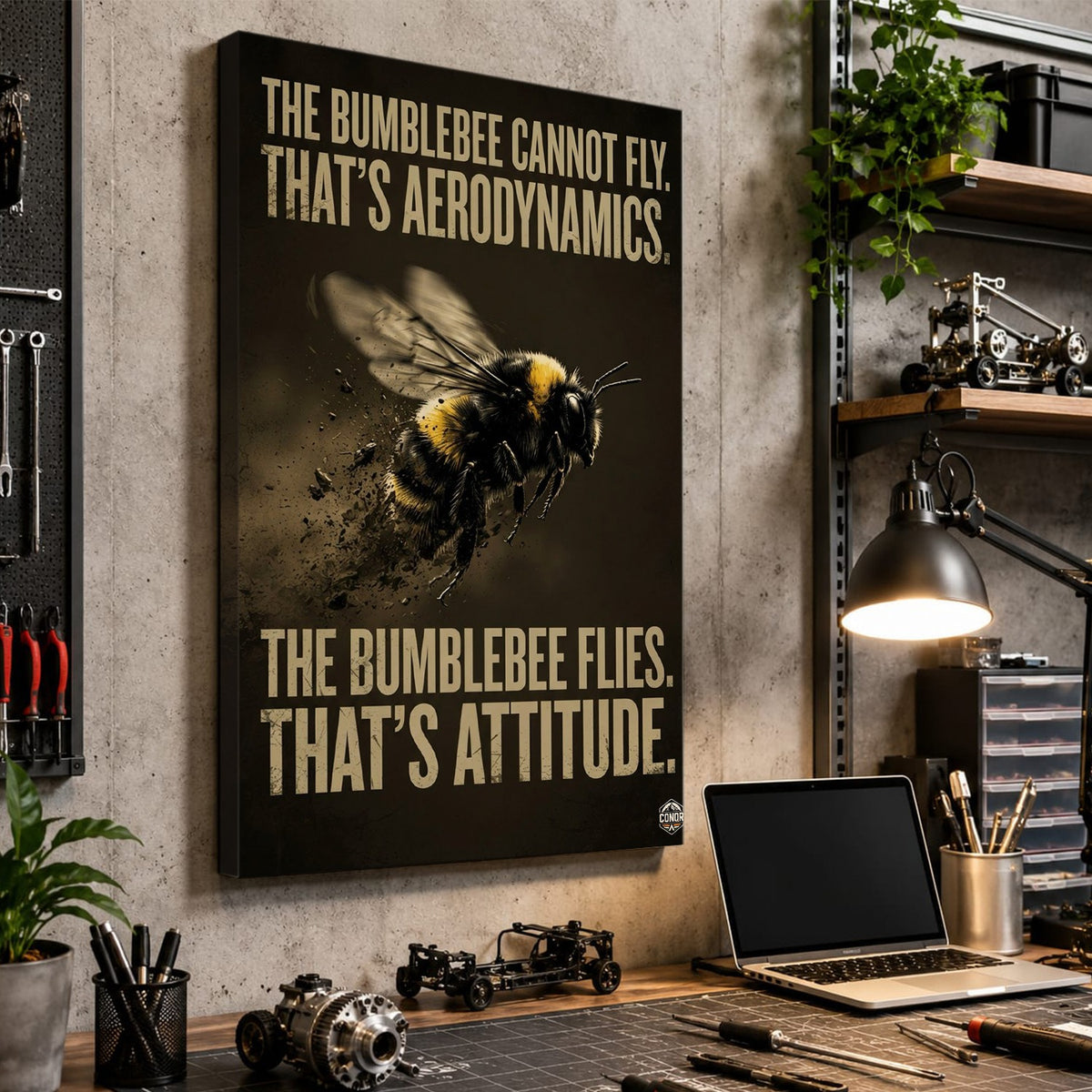 The Bumblebee Flies – 24x36 inch gallery wrap canvas on a workshop wall