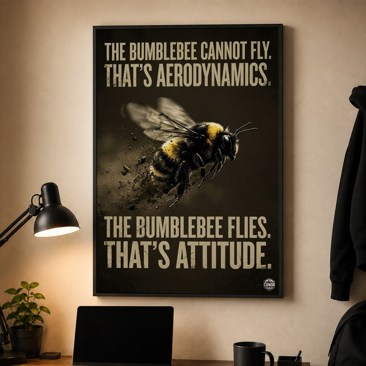 The Bumblebee Flies – 24x36 inch black boxed framed canvas above a desk