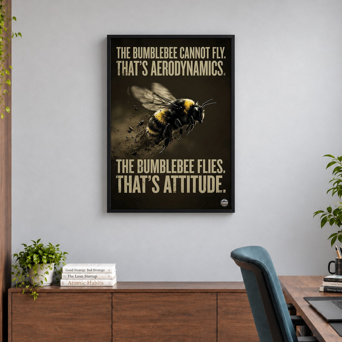 The Bumblebee Flies – 36x48 inch black boxed framed canvas in a home office