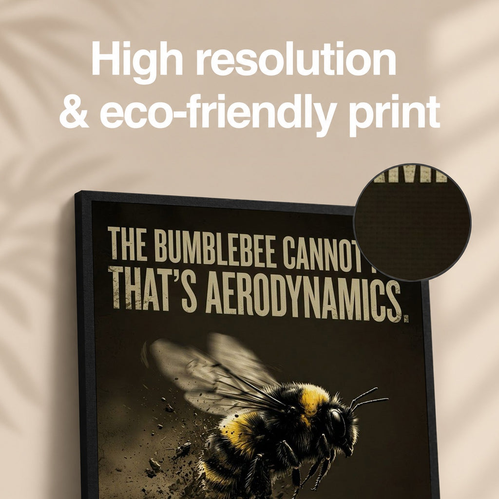 Close-up of the canvas texture and print detail on the CONQR bumblebee wall art