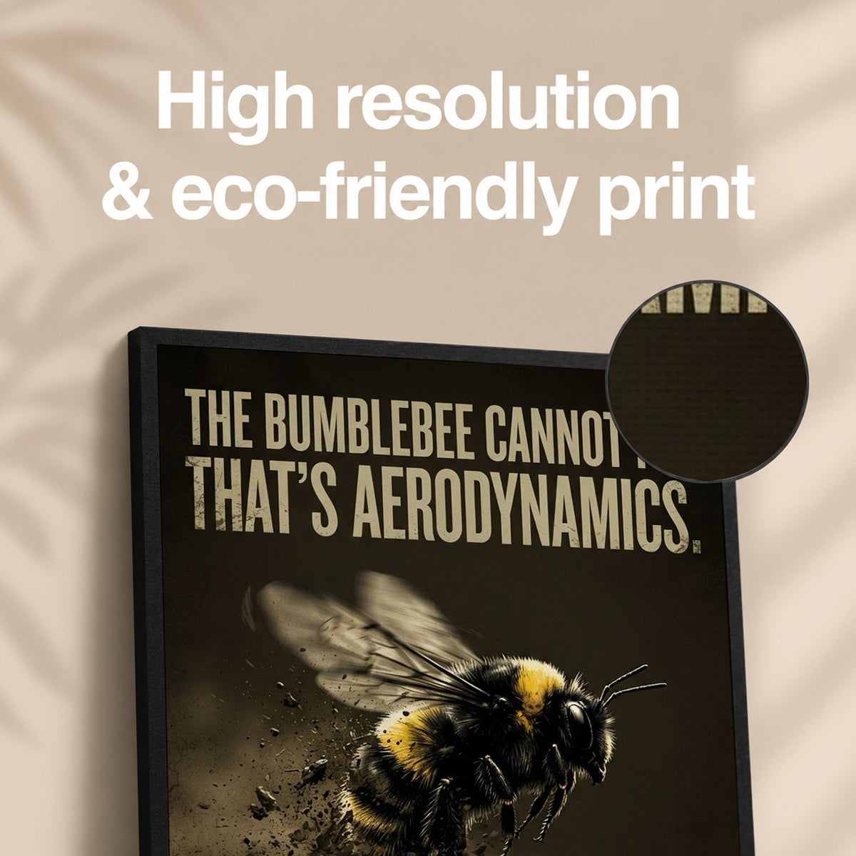 Close-up of the canvas texture and print detail on the CONQR bumblebee wall art