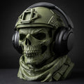 Close-up of the sculpted skull face, helmet rail and shemagh texture on the CONQR headphone stand