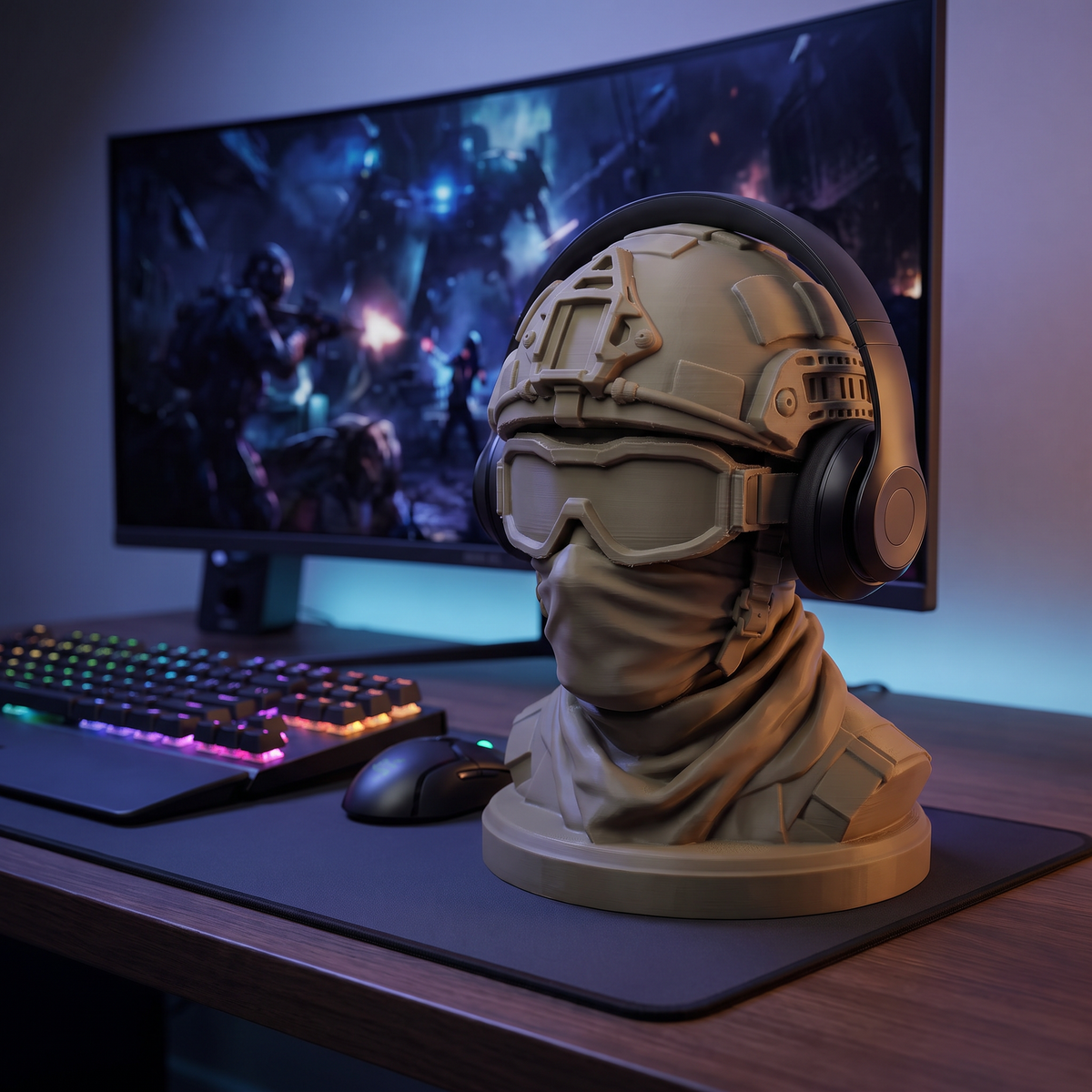 Soldier headphone stand on a gaming desk setup