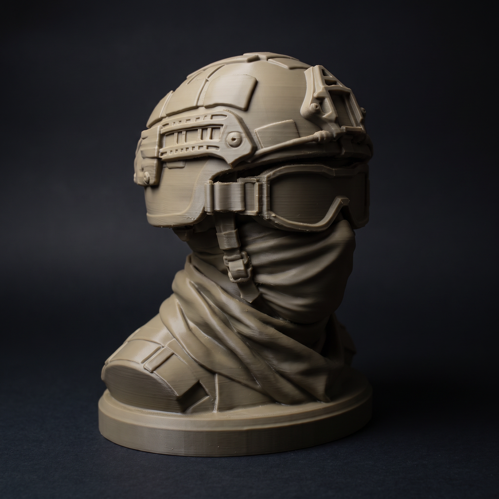 Sculpted helmet and shemagh detail of the soldier bust
