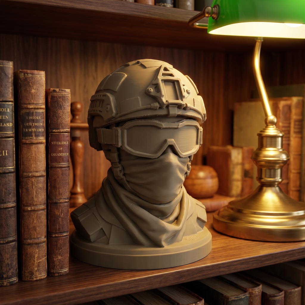 CONQR Soldier in a Sandstorm bust displayed on a library bookshelf