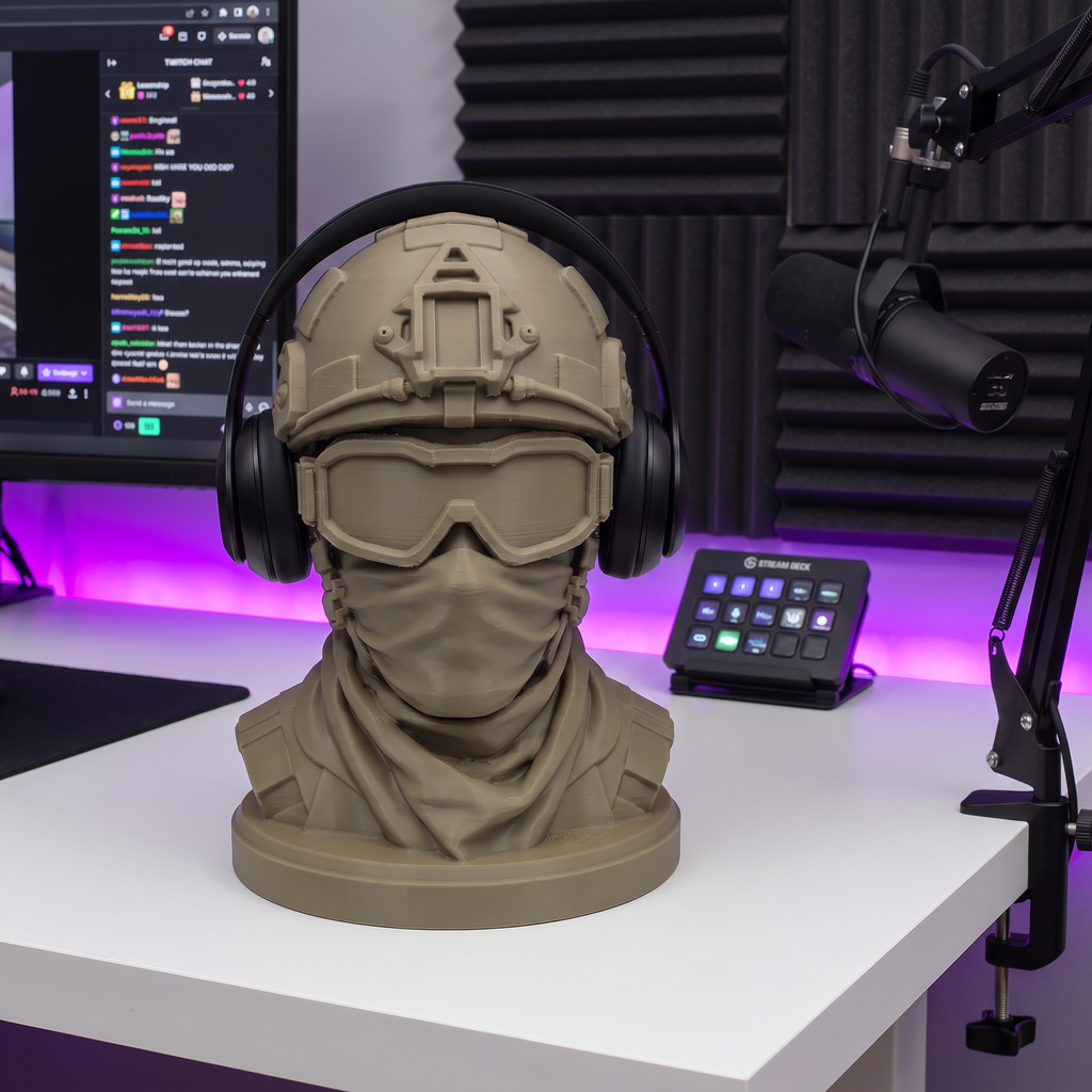 Soldier headphone stand on a streamer desk