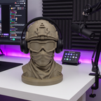 Soldier headphone stand on a streamer desk