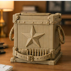 CONQR ammo box pen stand reverse face with raised star and buckled belt of rounds