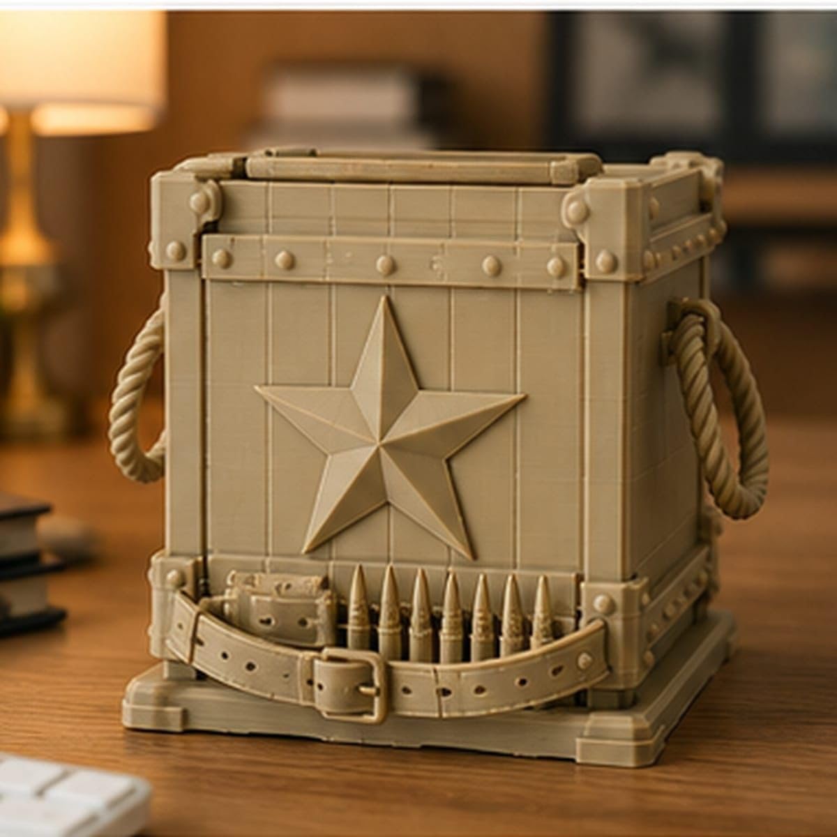CONQR ammo box pen stand reverse face with raised star and buckled belt of rounds