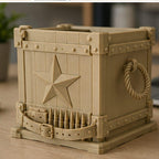 Side profile of CONQR ammo box pen stand showing riveted bands, plank texture and rope handle