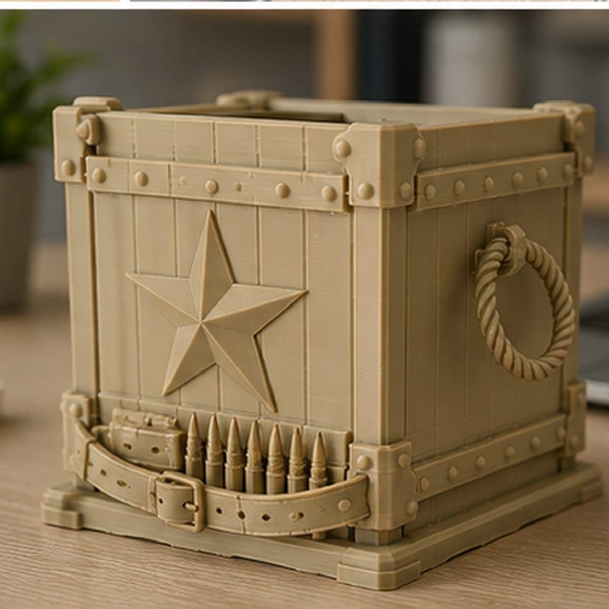 Side profile of CONQR ammo box pen stand showing riveted bands, plank texture and rope handle