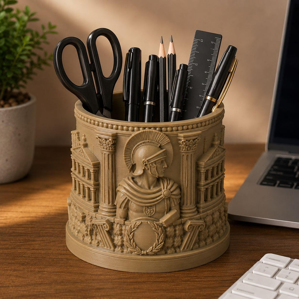 CONQR The Legion Roman warrior pen stand holding pens, scissors and ruler on a wooden desk