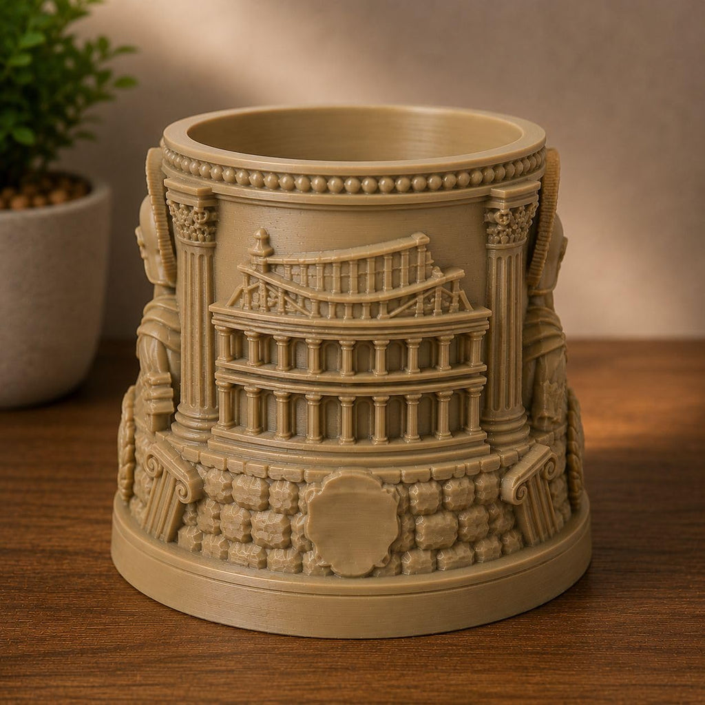 CONQR Roman pen stand reverse face with sculpted Colosseum above a stone wall