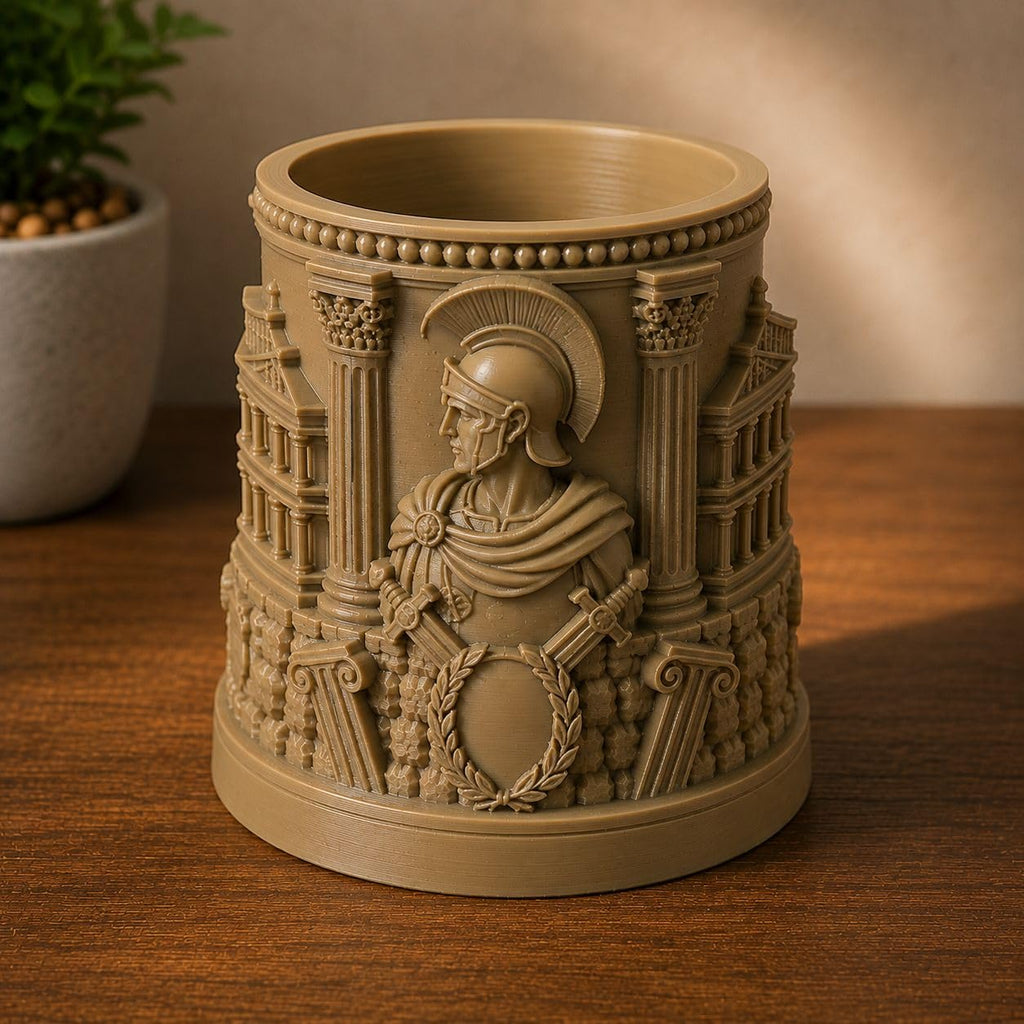 Angled view of CONQR Roman warrior pen stand showing laurel wreath and fluted columns