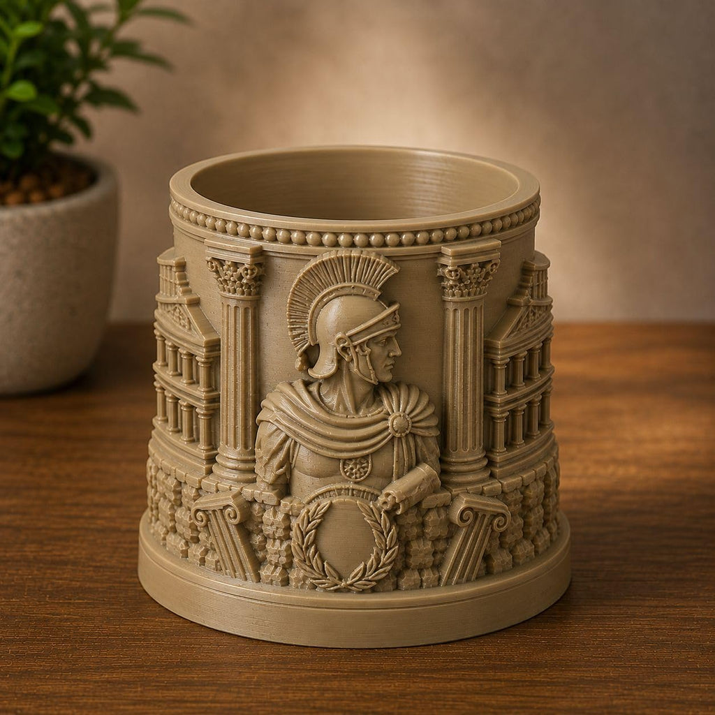 CONQR Roman legionary pen stand front view on a wooden desk beside a plant