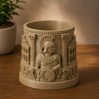 CONQR Roman legionary pen stand front view on a wooden desk beside a plant