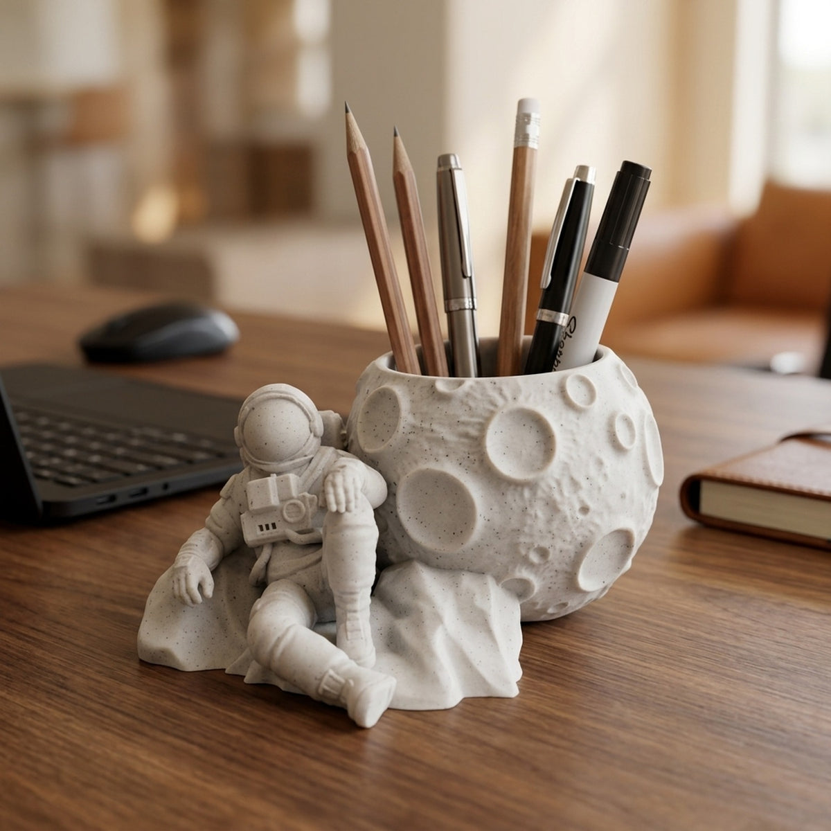 CONQR astronaut moon pen stand holding pens and pencils on a walnut office desk