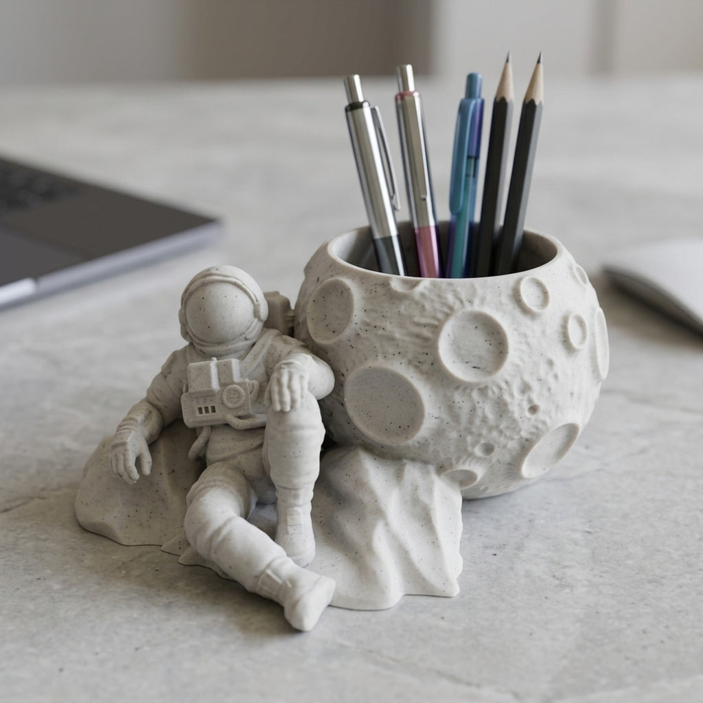 Close-up of CONQR astronaut pen stand showing speckled marble grey finish and moon craters