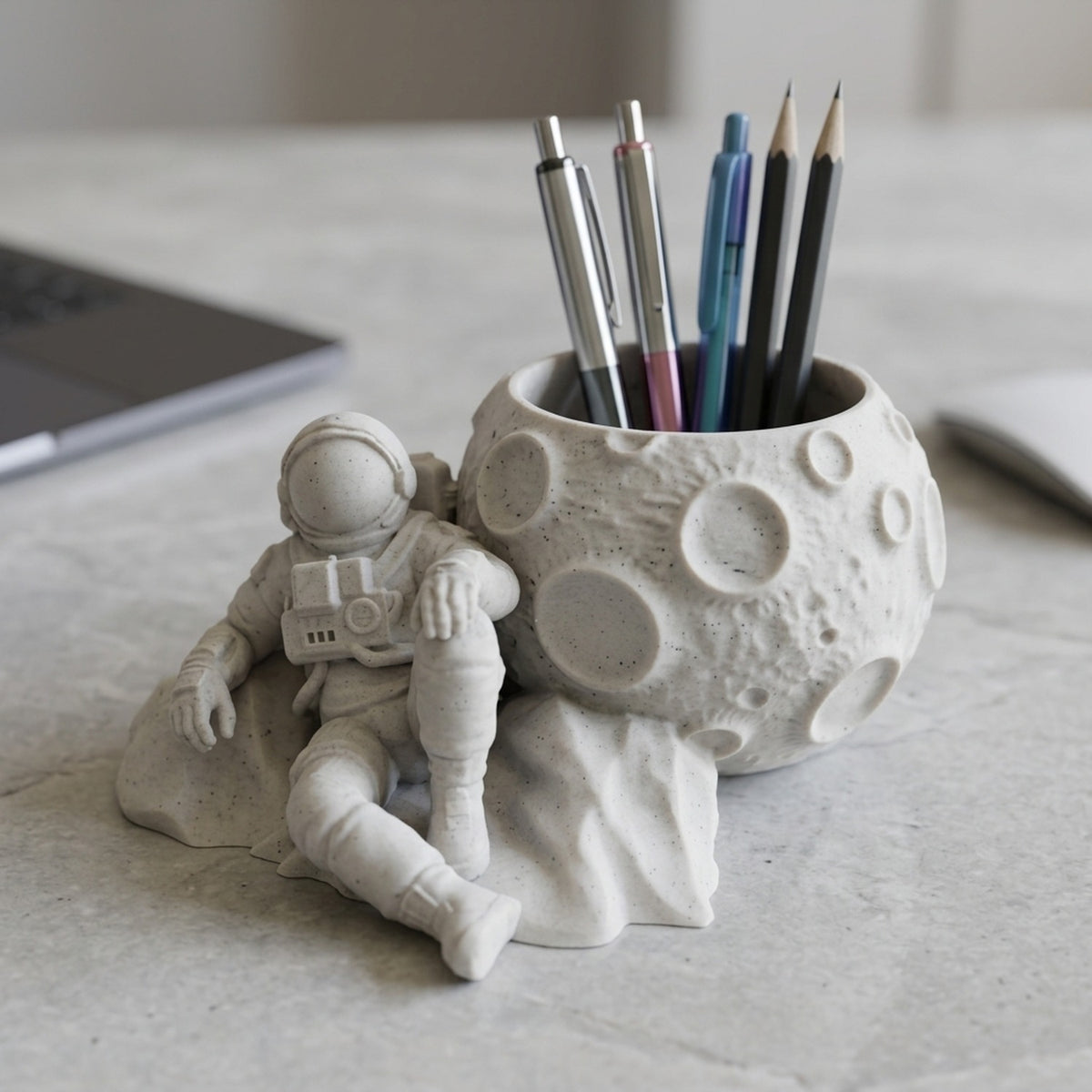 Close-up of CONQR astronaut pen stand showing speckled marble grey finish and moon craters