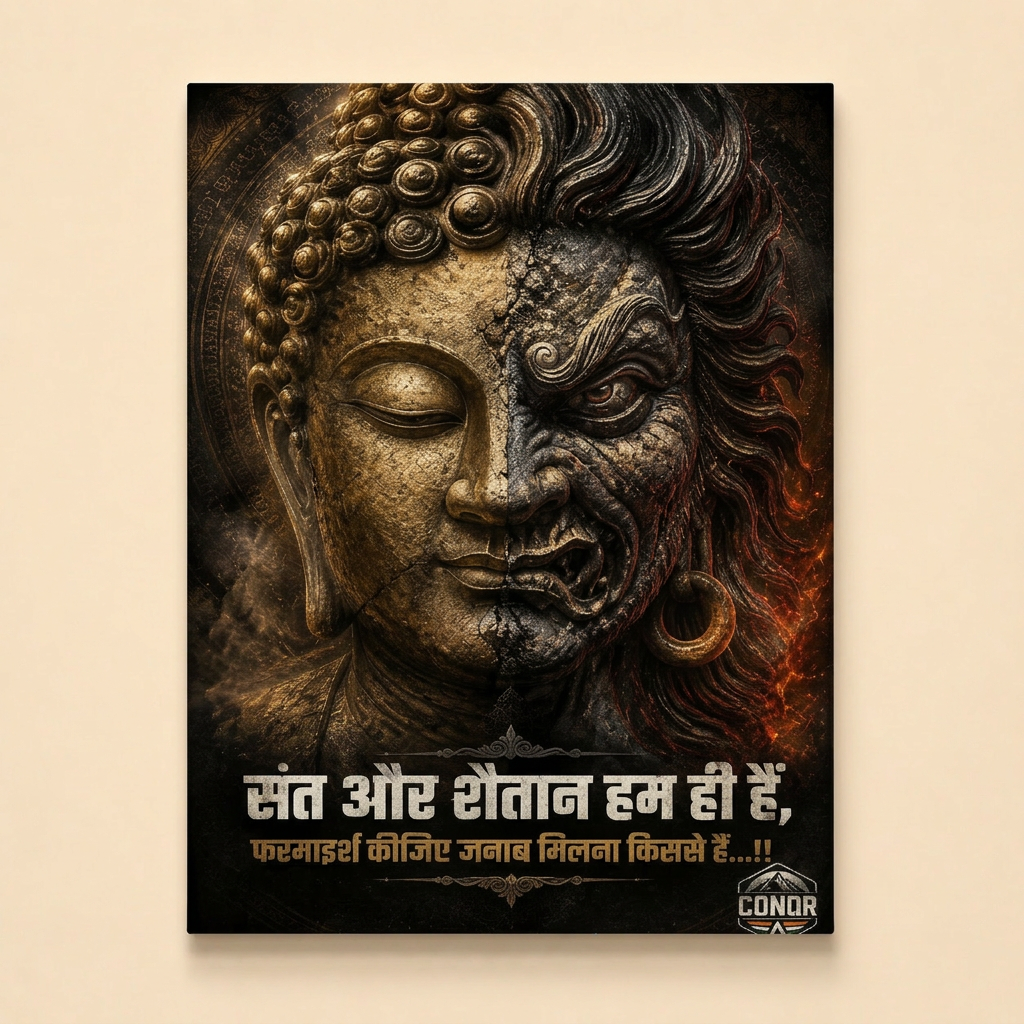 Golden Buddha and fiery demon in a split-face design with Hindi verse on saint and shaitaan