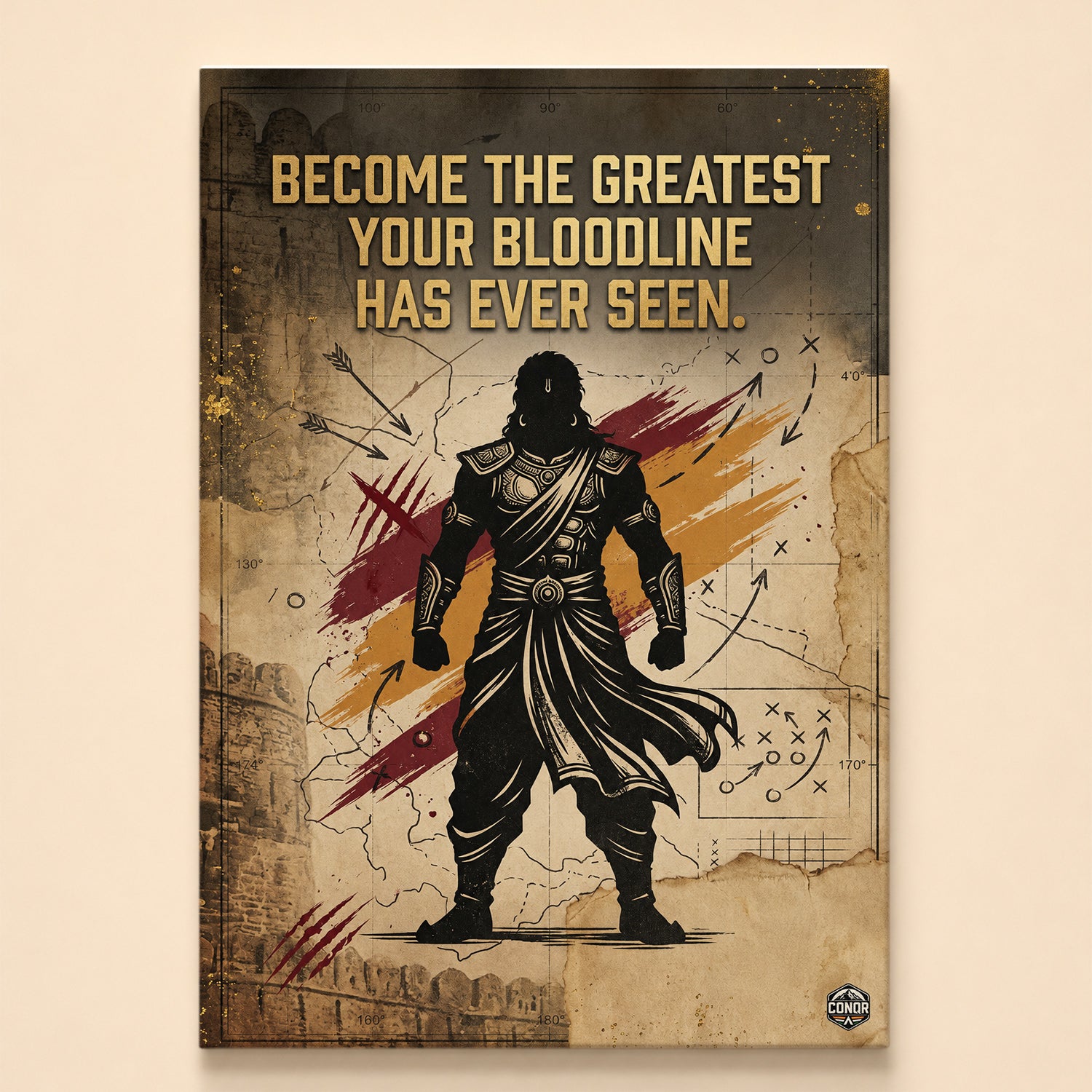 Silhouetted Indian warrior on aged parchment with battle diagrams – Become the greatest your bloodline has ever seen