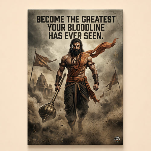 Muscular warrior in saffron robes striding with a gada mace, temple and flags in a smoky background