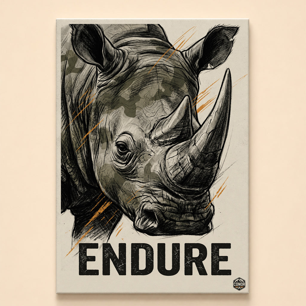 Charcoal-style rhinoceros head with orange brushstrokes above the word Endure in distressed letters