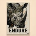 Charcoal-style rhinoceros head with orange brushstrokes above the word Endure in distressed letters