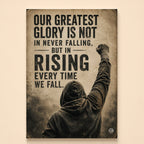 Hooded figure from behind raising a taped fist in sepia – rising every time we fall quote