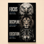 Eagle, lion and wolf faces stacked on black with blue eyes – Focus, Discipline, Execution