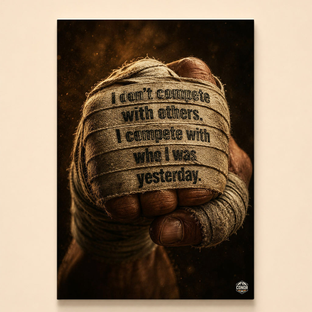 Clenched fist in worn boxing wraps printed with I compete with who I was yesterday