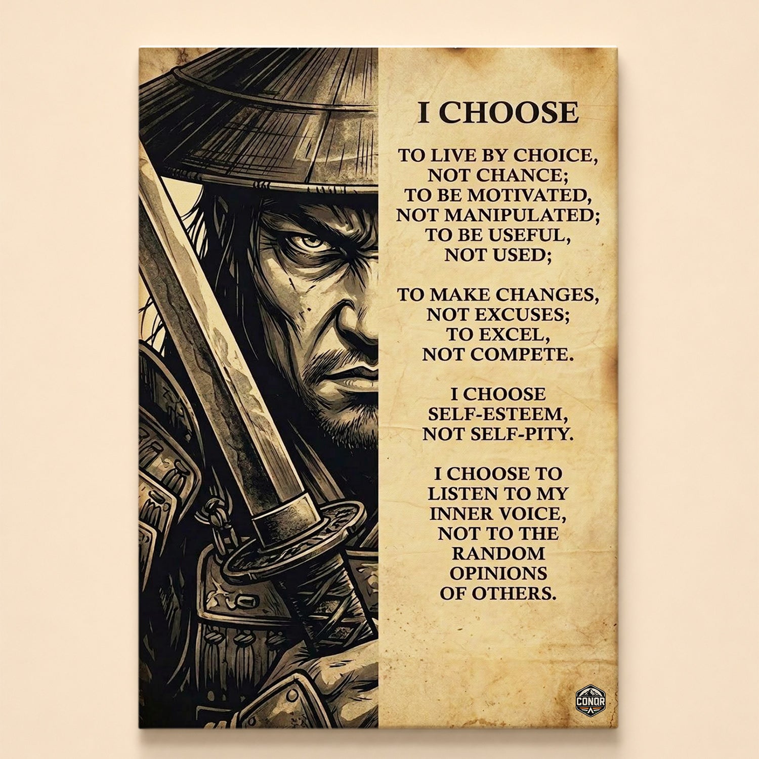 Samurai in a conical hat holding a katana across his face beside the I Choose discipline creed