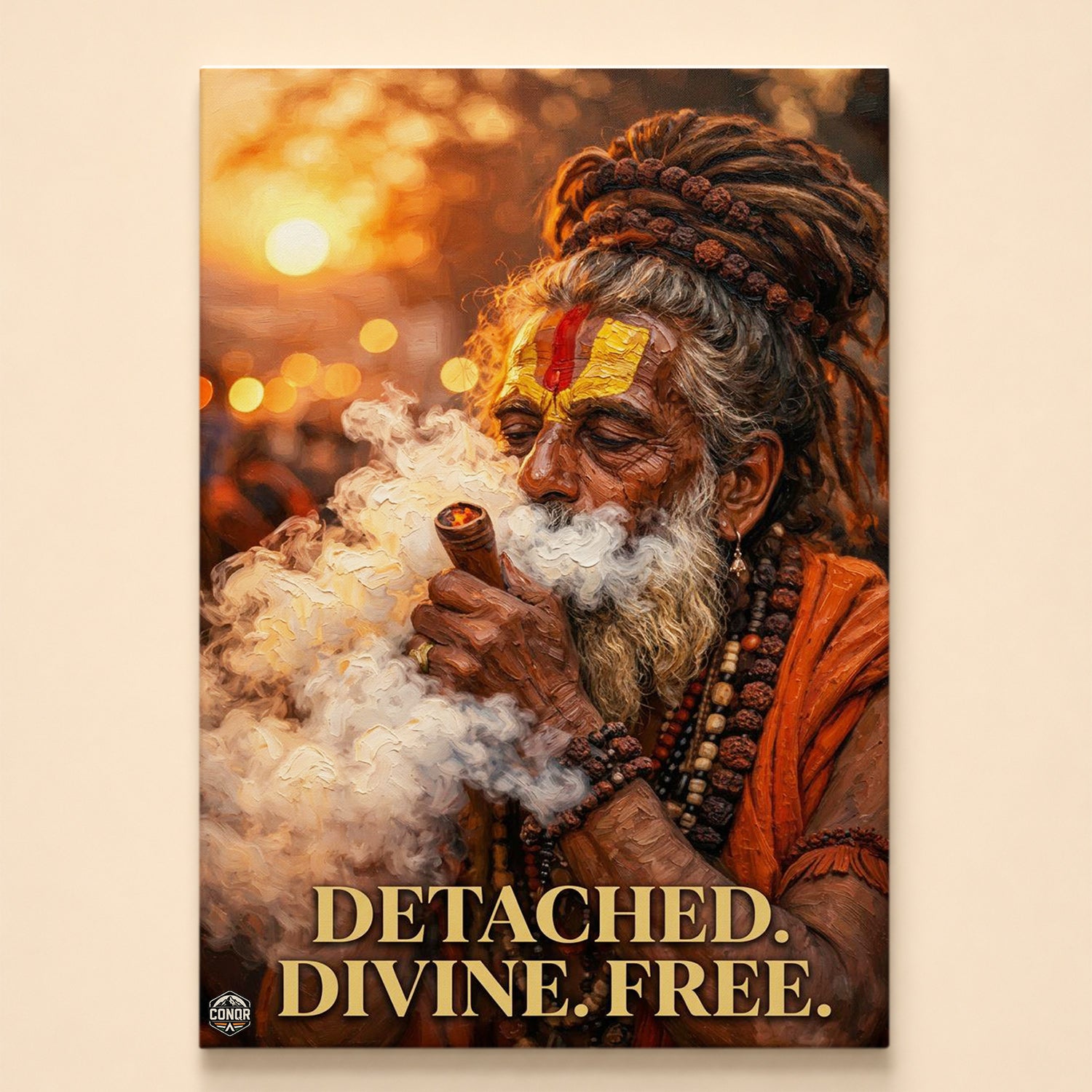 Golden-toned painting of an elderly sadhu with rudraksha beads exhaling smoke – Detached Divine Free