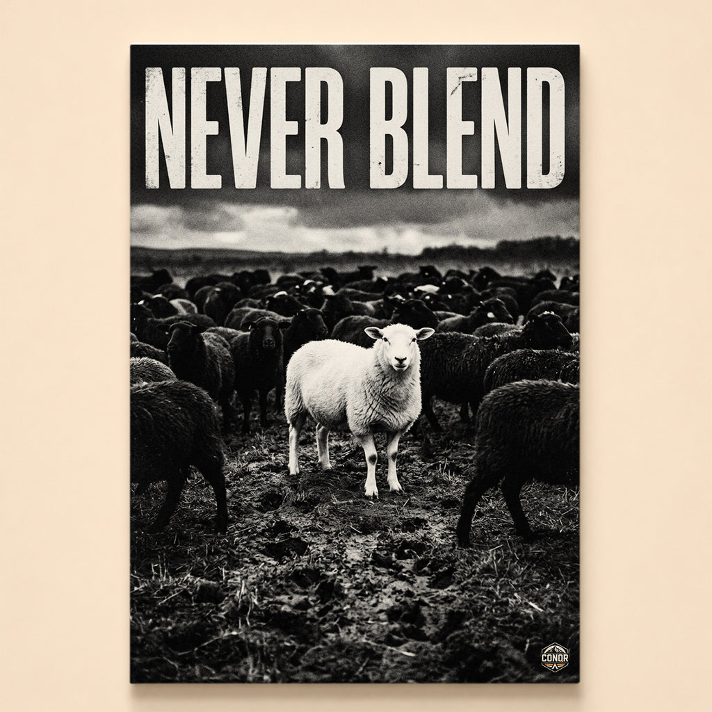 One white sheep facing forward in a herd of black sheep under the words Never Blend