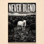 One white sheep facing forward in a herd of black sheep under the words Never Blend