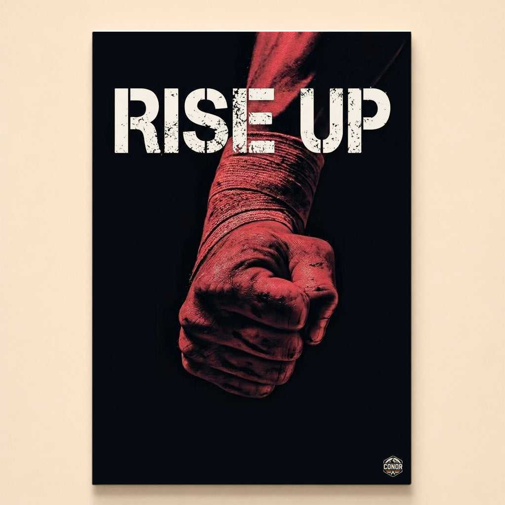 Clenched fist in red hand wraps under dramatic red light with Rise Up in white block letters