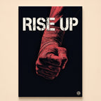 Clenched fist in red hand wraps under dramatic red light with Rise Up in white block letters