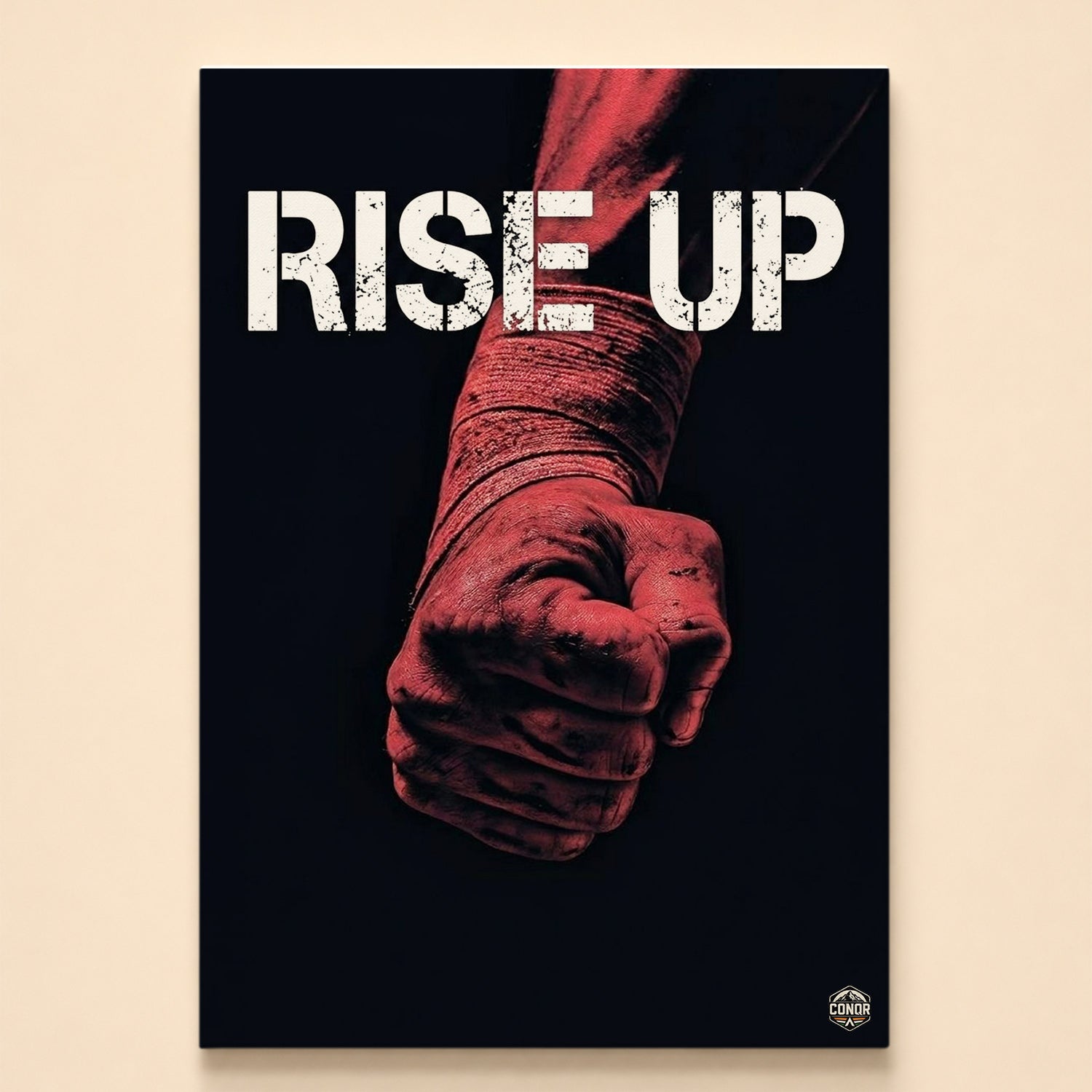 Clenched fist in red hand wraps under dramatic red light with Rise Up in white block letters