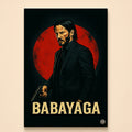 Long-haired man in a black suit holding a pistol against a red circle – Babayaga in gold lettering