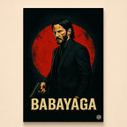 Long-haired man in a black suit holding a pistol against a red circle – Babayaga in gold lettering