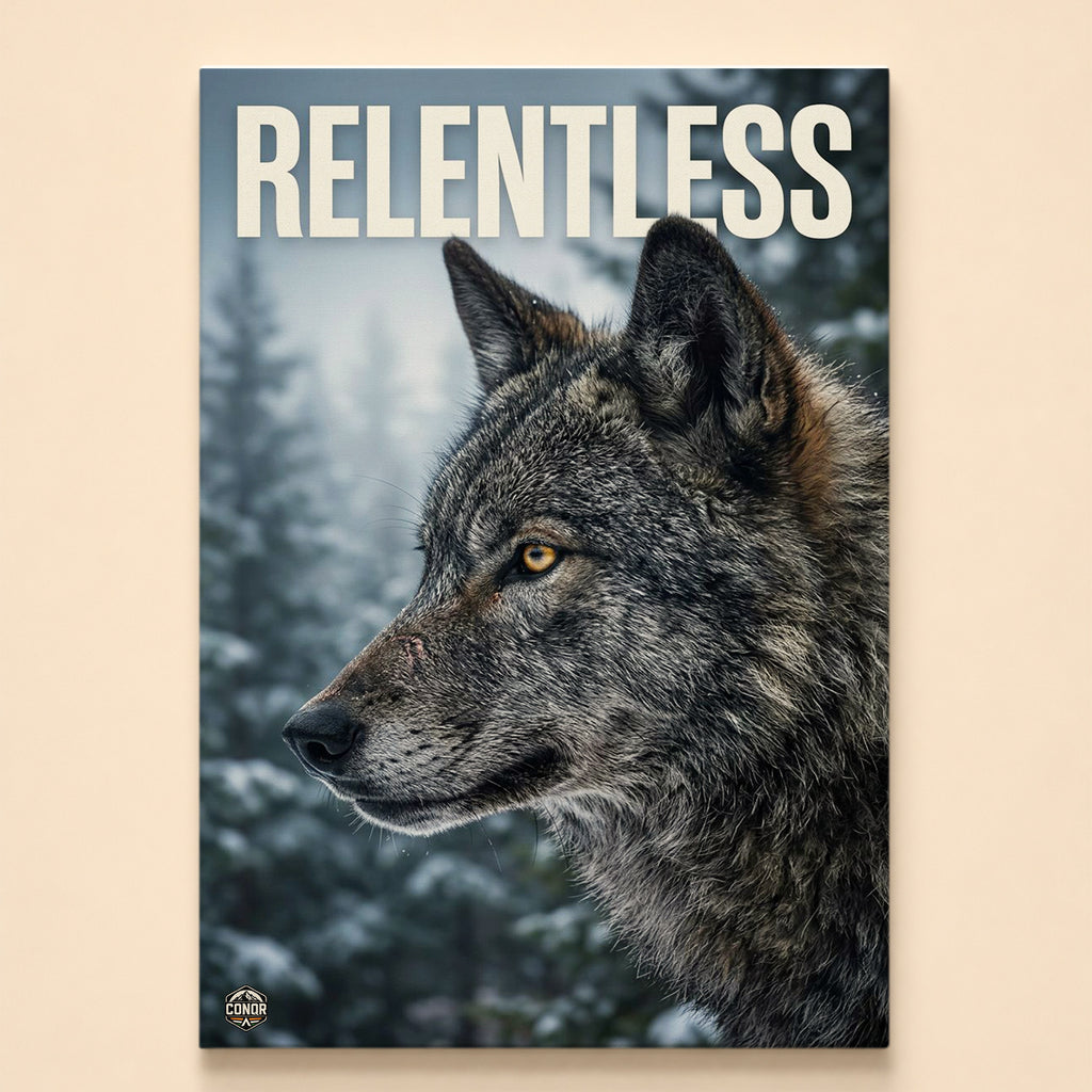 Gray wolf in profile against snowy evergreens under the word Relentless