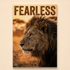Male lion in side profile on a golden savanna under the word Fearless