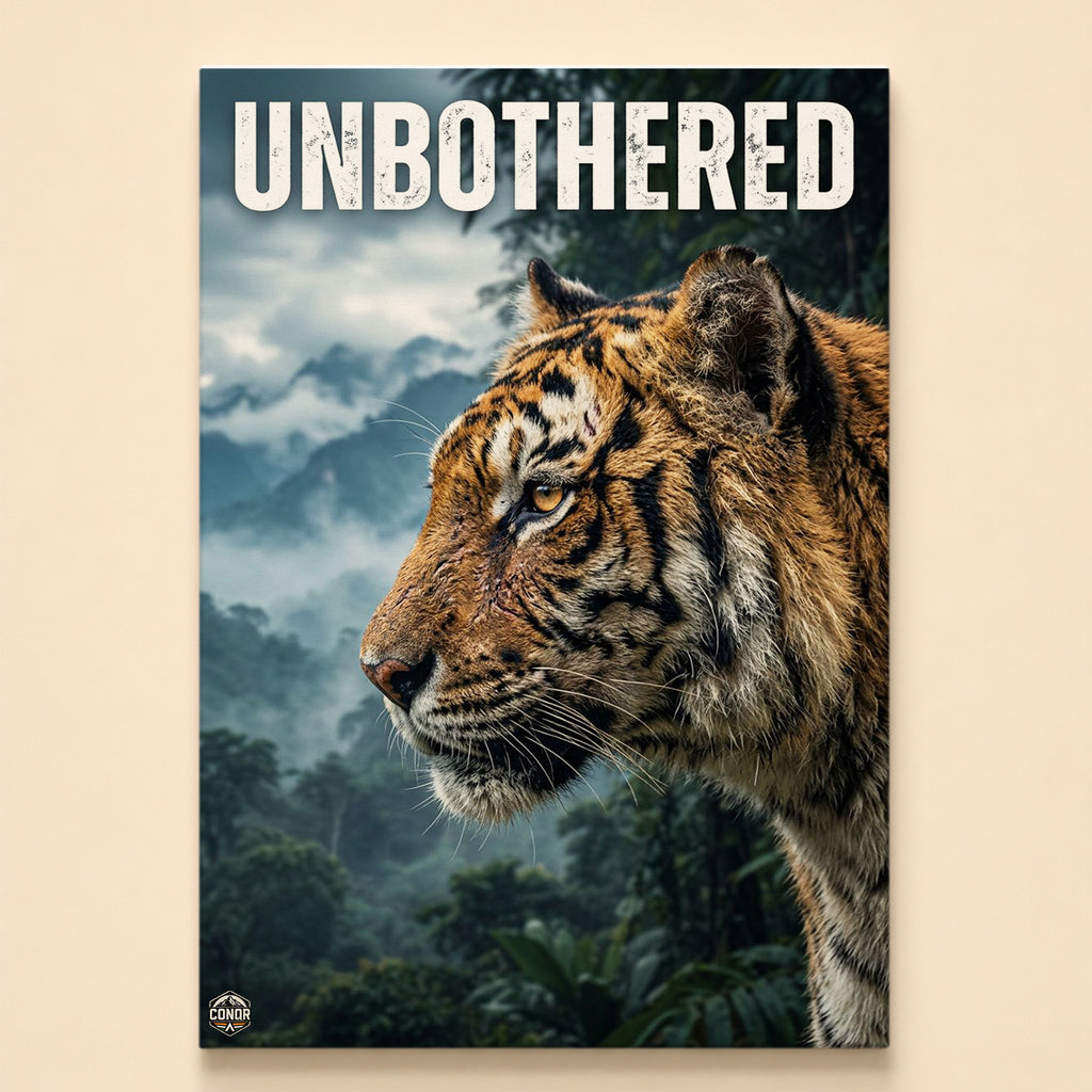Tiger in side profile against a misty jungle under the word Unbothered